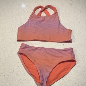 Athleta High Neck Reversible Bikini in Lavender and Coral